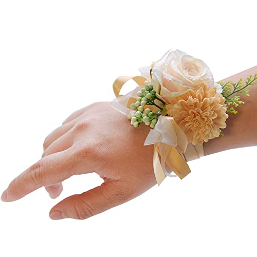 SHTGOI Rose Blumenarmband Braut Brautjungfer Hand Blume Schleifenband Handgelenkblume Handgefertigte Seidenblume Armband Zubehör für Hochzeit Bankette Brautjubiläum Abschlussball Champagner von SHTGOI