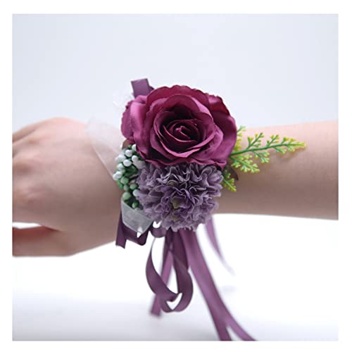 SHTGOI Rose Blumenarmband Braut Brautjungfer Hand Blume Schleifenband Handgelenkblume Handgefertigte Seidenblume Armband Zubehör für Hochzeit Bankette Brautjubiläum Abschlussball Dunkellila von SHTGOI