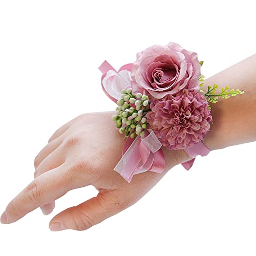 SHTGOI Rose Blumenarmband Braut Brautjungfer Hand Blume Schleifenband Handgelenkblume Handgefertigte Seidenblume Armband Zubehör für Hochzeit Bankette Brautjubiläum Abschlussball Helles Lila von SHTGOI