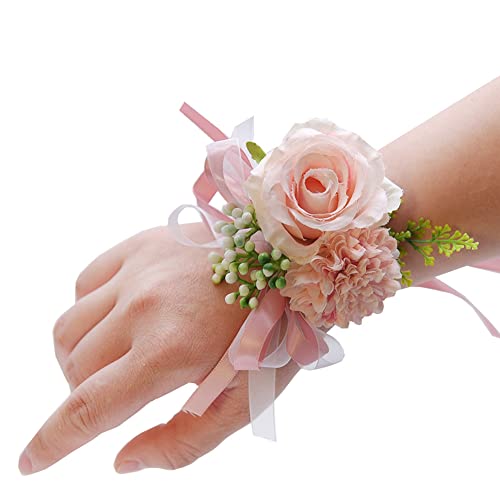 SHTGOI Rose Blumenarmband Braut Brautjungfer Hand Blume Schleifenband Handgelenkblume Handgefertigte Seidenblume Armband Zubehör für Hochzeit Bankette Brautjubiläum Abschlussball Rosa von SHTGOI