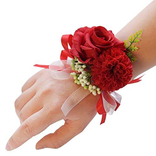 SHTGOI Rose Blumenarmband Braut Brautjungfer Hand Blume Schleifenband Handgelenkblume Handgefertigte Seidenblume Armband Zubehör für Hochzeit Bankette Brautjubiläum Abschlussball Rot von SHTGOI