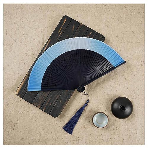 SHTGOI Seide Faltfächer Bambus Handfächer Chinesischer Vintage Stil taschenfächer Hohlem Bambus Skelettfächer Handheld Fan mit Quasten für Party Hochzeit Geschenk 21cm Blauer Farbverlauf 13# von SHTGOI