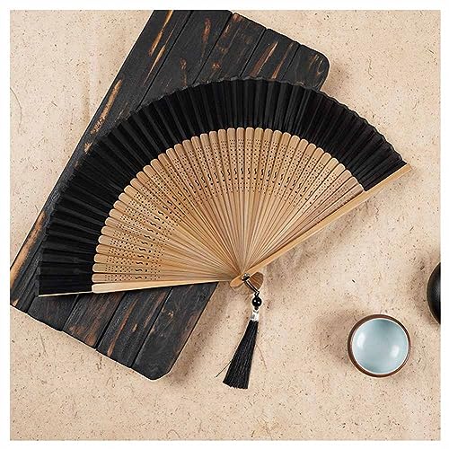 SHTGOI Seide Faltfächer Bambus Handfächer Chinesischer Vintage Stil taschenfächer Hohlem Bambus Skelettfächer Handheld Fan mit Quasten für Party Hochzeit Geschenk 21cm Schwar+Bambus-Knochen 9# von SHTGOI