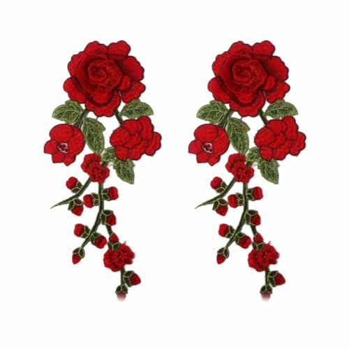 SHTGOI Stickerei-Blumen Applikation 2 Stück Retro Rose Blumen Patches zum Aufnähen Bestickte Bügelbild Aufnäher Blume Applique Kleidung Zubehör für DIY Nähen Cheongsam Kleidung Kleid Rot von SHTGOI