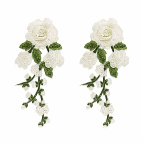 SHTGOI Stickerei-Blumen Applikation 2 Stück Retro Rose Blumen Patches zum Aufnähen Bestickte Bügelbild Aufnäher Blume Applique Kleidung Zubehör für DIY Nähen Cheongsam Kleidung Kleid Weiß von SHTGOI
