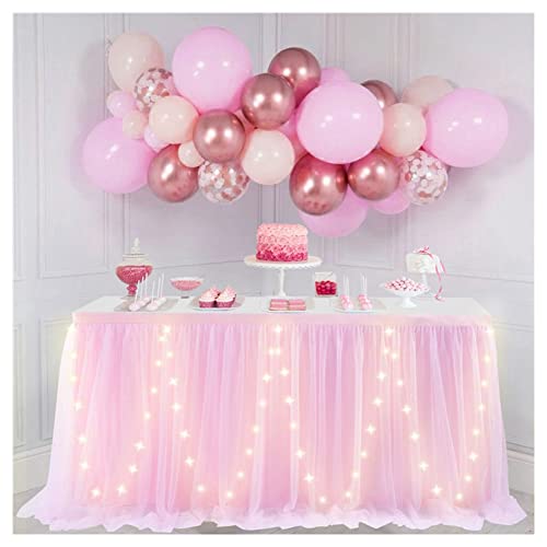 SHTGOI Tüll Tischrock Tütü Tischröcke 122 x 77 cm Gaze Tisch Tischdecke Tischdekoration Tisch Rock für Hochzeit Geburtstag Neujahr Babyparty Candy Party Dekoration Rosa mit LED von SHTGOI