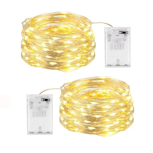 SHUBEIEUMI 2 Stück Lichterkette Batterie Betriebe, 10M 100 LED Lichterkette innen Kupferdraht, Warmweiß Innen Lichterketten, Lichterkette Aussen für Party, Weihnachten, Hochzeit (Warm Weiß) von SHUBEIEUMI