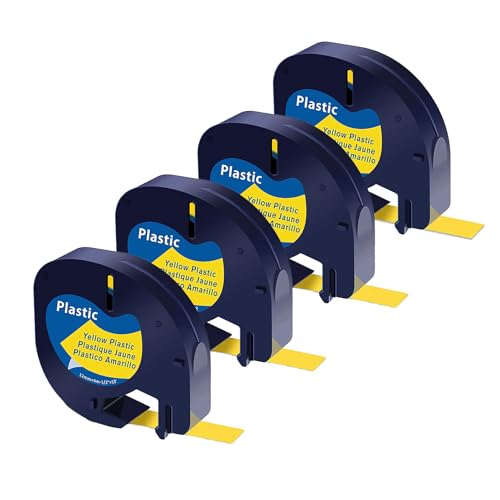 SHUBEIEUMI 4x Etikettenband kompatibel mit Dymo Letratag Etikettenband 12mm x 4m, Kompatible für Dymo LetraTag Kunststoff Schriftband, für Letratag LT-100H LT-100T 200B XR, Schwarz auf Gelb von SHUBEIEUMI