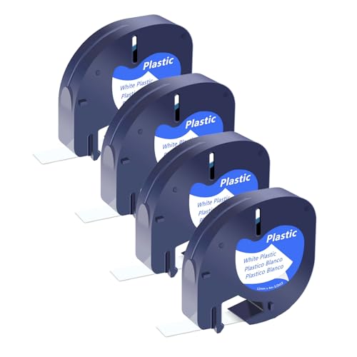 SHUBEIEUMI 4x Etikettenband kompatibel mit Dymo Letratag Etikettenband 12mm x 4m, Kompatible für Dymo LetraTag Kunststoff Schriftband, für Letratag LT-100H LT-100T 200B XR, Schwarz auf Weiß von SHUBEIEUMI