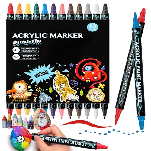 SHUBEIEUMI Acrylstifte für Steine Wasserfest, 12 Farben Steine Bemalen Stifte Set, Dual Tip Acrylmarker für Keramik, Leinwand, Holz, Leinwand, Basteln Ostern und Weihnachten von SHUBEIEUMI