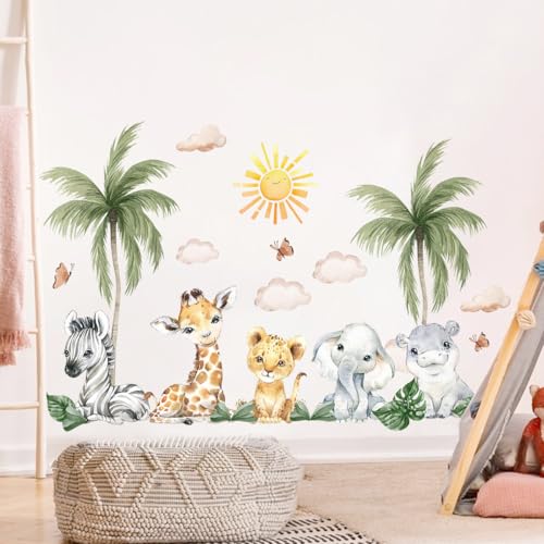 SHUCHING Wandtattoo Aquarell Dschungel Tiere, Wandaufkleber Zebra Giraffe Elefant Palme, Wandsticker für Wohnzimmer Schlafzimmer Kinderzimmer Babyzimmer von SHUCHING