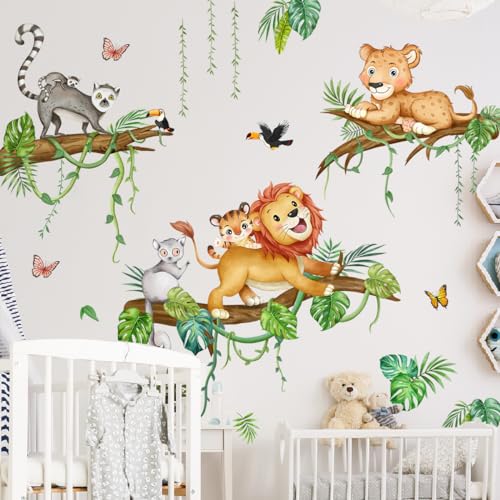 SHUCHING Wandtattoo Dschungel Tiere Baum Zweig, Wandaufkleber Löwe Leopard Affe, Selbstklebend Wandsticker für Spielzimmer Kinderzimmer Babyzimmer von SHUCHING