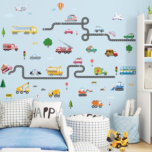SHUCHING Wandtattoo Transporte und Straßen, Wandaufkleber Auto Fahrzeuge Konstruktion, Wandsticker für Junge Schlafzimmer Kinderzimmer Spielzimmer Babyzimmer von SHUCHING