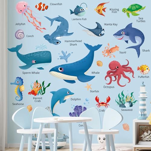SHUCHING Wandtattoo Unter dem Meer Tiere, Wandaufkleber Wale Haie, Selbstklebend Wandsticker für Spielzimmer Kinderzimmer Babyzimmer von SHUCHING