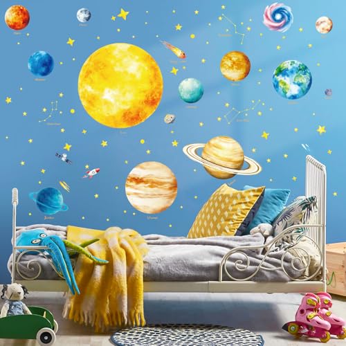 SHUHCING Große Wandtattoo Sonnensystem, Wandaufkleber Weltraum Planeten, Selbstklebend Wandsticker für Spielzimmer Kinderzimmer Babyzimmer Jungenzimmer von SHUCHING