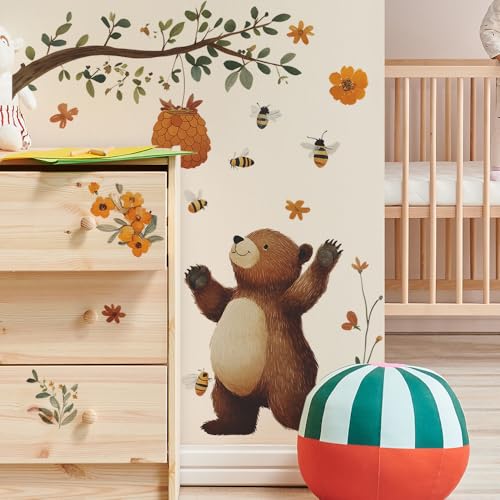 SHUCHING Wandtattoo Cartoon Bär Honig, Wandaufkleber Kinder Biene Blume, Wandsticker für Wohnzimmer Schlafzimmer Kinderzimmer Babyzimmer von SHUCHING