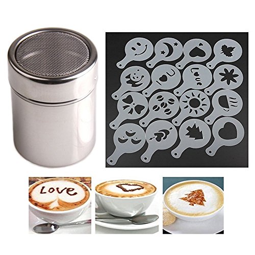 Schokolade Shaker Duster (Edelstahl) + 16 St¨¹ck Cappuccino Kaffee Schablonen Schablone Duster Spray Art von SHUI SHANG SI CHOU
