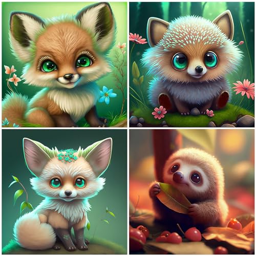 SHUIBIAN 4PCS Diamond Painting Bilder Füchse Faultier Igel Tiere 5D Diamant Painting Full Set, Malen nach Zahlen, Diamant Malerei Kits Für Home Wall Dekoration von SHUIBIAN