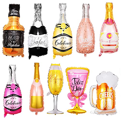 SHULLIN 10 Stück Luftballons Set Wein Flaschen Ballon Aluminiumfolie Ballon Folienballon Weinflasche Wiederverwendbarer Sektflasche Luftballons Deko Set für Geburtstag Urlaub Hochzeit Party Dekoration von SHULLIN