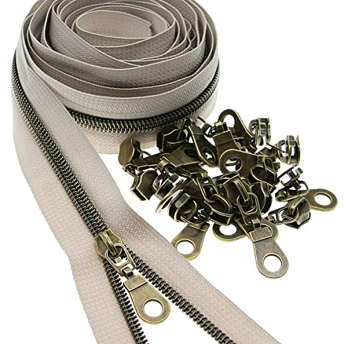 Shunli Metallic Nylon Reißverschlüsse mit Reißverschluss, 9 m – Beige und antikem Messing – bestehend aus 25 Schiebern – zum Nähen, Kleidung, handgefertigt von SHUNLI