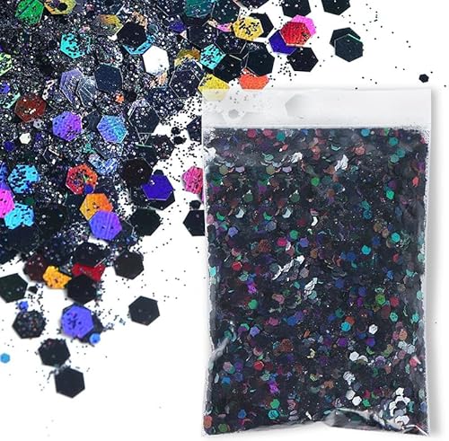 SHUOHONG 100g Glitzer Basteln Kinder, 3 Größen Gemischt Glitter, Groß Glitzer zum Basteln, Feiner Glitzer Wandfarbe, Pailletten Glitzerpulver für Make-up, Karten, Nagelkunst, DIY (Schwarz) von SHUOHONG