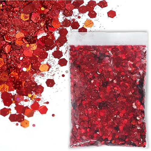 SHUOHONG 100g Glitzer Basteln Kinder, 3 Größen Gemischt Glitter, Groß Glitzer zum Basteln, Feiner Glitzer Wandfarbe, Pailletten Glitzerpulver für Make-up, Karten, Nagelkunst, DIY (Tiefrot) von SHUOHONG
