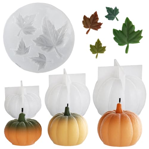 SHUOHONG 4 Stück Silikonform Kürbis, Ahornblatt Kerzen Silikonformen Gießformen, Silikonform Halloween Set, Kürbis Kerze Silikon 3D Halloween Silikonformen Diy Kerzenform für Herbst Thanksgiving von SHUOHONG