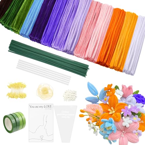 SHUTEX Pfeifenreiniger Blumen Set，mit 800 Stück Pfeifenputzer zum basteln Blumen(13 Farben),Mit Grüne Blumenstöcke, Klebebandrollen, Klebestifte, Anleitungen, Packpapier, Bänder, Staubgefäße etc von SHUTEX
