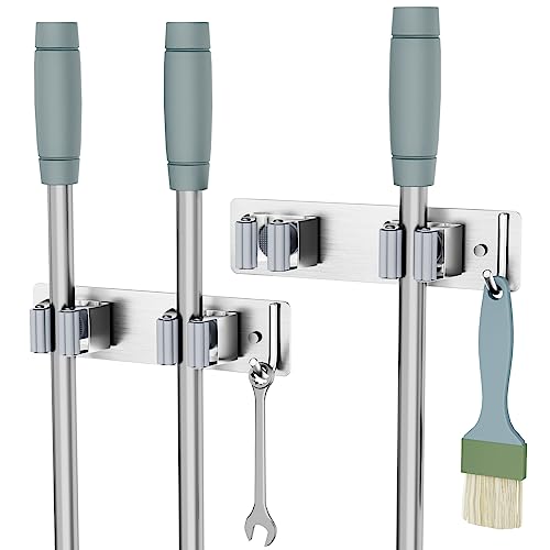 SHYOSUCCE 2pcs Edelstahl Besenhalterung Wand Bohren/ohne Bohren, Gerätehalter Selbstklebend, Wandhalterung Besen, Mop Halter für Küche, Zuhause, Badezimmer, Garage, Garten, Grau SHYOSUCCE 2pcs Edelstahl Besenhalterung Wand Bohren/ohne Bohren, Gerätehalter Selbstklebend, Wandhalterung Besen, Mop Halter für Küche, Zuhause, Badezimmer, Garage, Garten, Grau von SHYOSUCCE