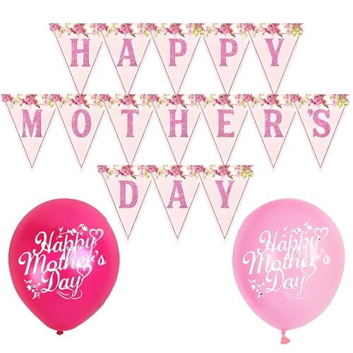 Muttertags-Dekoration, Muttertags-Banner, Wimpelkette für den Innenbereich, Muttertags-Themen-Set, hängende Spiraldeckendekorationen, Muttertagsparty-Zubehör, Zubehör (15 Banner und 20 Ballons) von SHYSBV