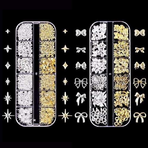 SHYSBV 2 Schachteln Nagel Charms, Gold/Silber Glitzersteine mit Sternen & Schleifen – Metall-Legierung, Strass & Perlen für Nail Art DIY Nageldesign-Zubehör SHYSBV 2 Schachteln Nagel Charms, Gold/Silber Glitzersteine mit Sternen & Schleifen – Metall-Legierung, Strass & Perlen für Nail Art DIY Nageldesign-Zubehör von SHYSBV
