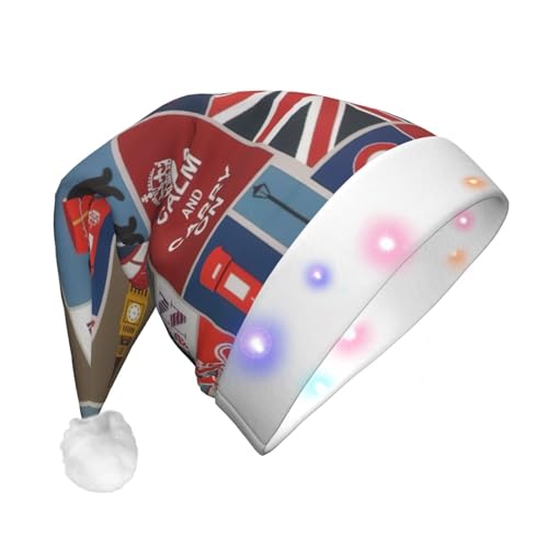 SHuWeiD England-Symbole, Weihnachtsmannmütze, Flanell, Weihnachtsmannmütze mit LED-Lichtern, Weihnachtsmannmütze, Urlaubsparty-Zubehör SHuWeiD England-Symbole, Weihnachtsmannmütze, Flanell, Weihnachtsmannmütze mit LED-Lichtern, Weihnachtsmannmütze, Urlaubsparty-Zubehör von SHuWeiD