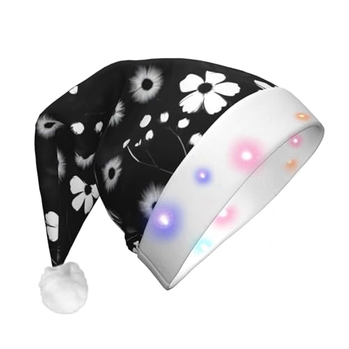 SHuWeiD Schwarz-weiße Weihnachtsmannmütze mit Blumendruck, Flanell, Weihnachtsmannmütze mit LED-Lichtern, Weihnachtsmannmütze, Urlaubsparty-Zubehör SHuWeiD Schwarz-weiße Weihnachtsmannmütze mit Blumendruck, Flanell, Weihnachtsmannmütze mit LED-Lichtern, Weihnachtsmannmütze, Urlaubsparty-Zubehör von SHuWeiD
