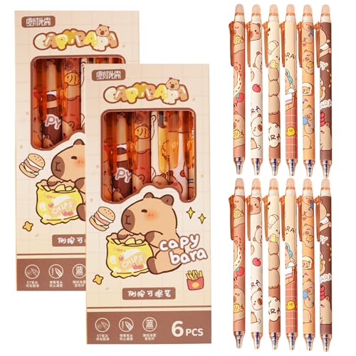 SI SEN 12 Stück Radierbaren Gelstiften,Blaue Mine Löschbare Einziehbare Stifte, Cartoon-Capybara-Stift, Radierbarer Kugelschreiber Stifte Set, für Schul Bürobedarf von SI SEN