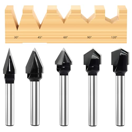 SICWOOD 5 Stück CNC V-Nut Router Bits Set 1/4 Zoll Schaft, 30° 45° 90° 120° 2-schneidig Hartmetallbestückte Nut-Bits, für Holzbearbeitung, Gravur, Schnitzen von SICWOOD