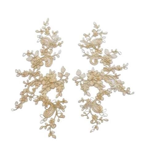 2 Stück/1 Paar, 34 x 18 cm, Rosa, gebrochenes Weiß, Burgunderrot, Blau, Hochzeitskleid-Applikation, DIY, Braut, Haar-Accessoires, Spitzen-Blume (Gold) von SIDIFU