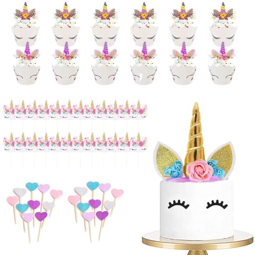 74 Stück Einhorn Tortendeko, Einhorn Kuchen Topper Happy Birthday für Geburtstag Hochzeit Party Kuchendeko 3D EinhornhöRner Und -Wimpern für Baby Shower Mädchen Kinder Geburtstag Party Decor（Gold） von SIEBOLD