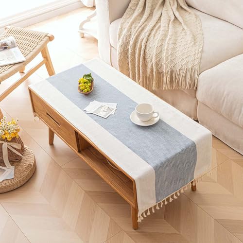 SIELUNO Couchtischdecke, Couchtischhussen für Wohnzimmer, rechteckige Baumwoll-Leinen-Tischdecke mit Quasten-Dekoration, Beige und Blau, 50,8 x 152,4 cm SIELUNO Couchtischdecke, Couchtischhussen für Wohnzimmer, rechteckige Baumwoll-Leinen-Tischdecke mit Quasten-Dekoration, Beige und Blau, 50,8 x 152,4 cm von SIELUNO