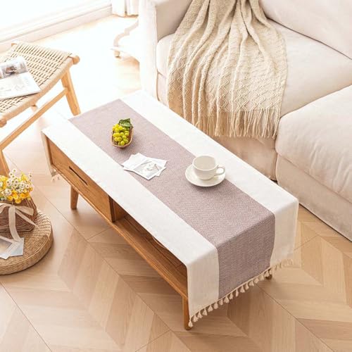 SIELUNO Couchtischdecke, Couchtischhussen für Wohnzimmer, rechteckige Baumwoll-Leinen-Tischdecke mit Quasten-Dekoration, Beige und Kaffeebraun, 50,8 x 152,4 cm SIELUNO Couchtischdecke, Couchtischhussen für Wohnzimmer, rechteckige Baumwoll-Leinen-Tischdecke mit Quasten-Dekoration, Beige und Kaffeebraun, 50,8 x 152,4 cm von SIELUNO