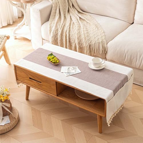 SIELUNO Couchtischdecke, Couchtischhussen für Wohnzimmer, rechteckige Baumwoll-Leinen-Tischdecke mit Quasten-Dekoration, Beige und Kaffeebraun, mit Tasche, 50,8 x 152,4 cm SIELUNO Couchtischdecke, Couchtischhussen für Wohnzimmer, rechteckige Baumwoll-Leinen-Tischdecke mit Quasten-Dekoration, Beige und Kaffeebraun, mit Tasche, 50,8 x 152,4 cm von SIELUNO