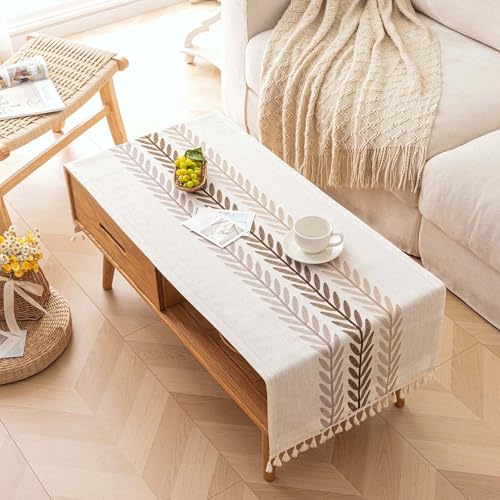 SIELUNO Couchtischdecke, Couchtischhussen für Wohnzimmer, rechteckige Baumwoll-Leinen-Tischdecke mit Quasten-Dekoration, beigefarbenes Blatt, 50,8 x 152,4 cm SIELUNO Couchtischdecke, Couchtischhussen für Wohnzimmer, rechteckige Baumwoll-Leinen-Tischdecke mit Quasten-Dekoration, beigefarbenes Blatt, 50,8 x 152,4 cm von SIELUNO