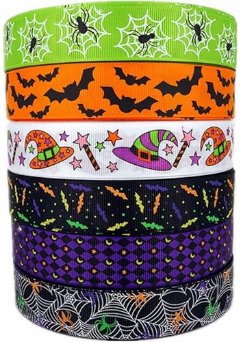 Ripsband mit Halloween-Fledermaus-Spinnennetz-Muster, bedruckt, 2,5 cm, 6 m x 91 cm, Rolle (mehrfarbig-C) von SIGRIDEE