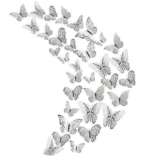 36 Stück 3D-Hohlmetall-Schmetterlingsaufkleber aus Metall, Aufkleber für Baby- / Mädchenzimmerdekoration, DIY-Wandaufkleber, abnehmbare Dekoration für Hochzeitsfeiern (Silber) von SIKAMARU
