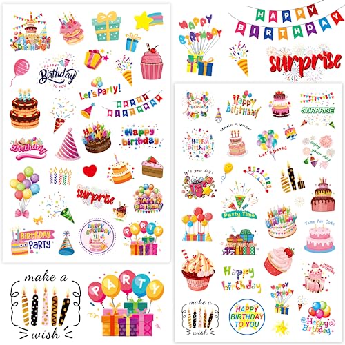 4 Stück Sticker Geburtstag, SILARLAIT 110 Aufkleber für Gästebuch, Karten, Fotoalbum, Geburtstagskarten, Geschenke | Party-Deko für Erwachsene & Kinder | Set: 110 Motive auf 4 Bögen von SILARLAIT