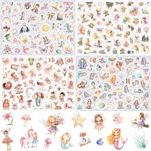 Glitzer Sticker Mädchen Aquarell, SILARLAIT 215 Aufkleber Mädchen, Feen Einhorn Prinzessin Elfen Glitzersticker für Kinder für Handys Tablets Notizbücher Scrapbook Fotoalbum Sammelalbum Flaschen von SILARLAIT