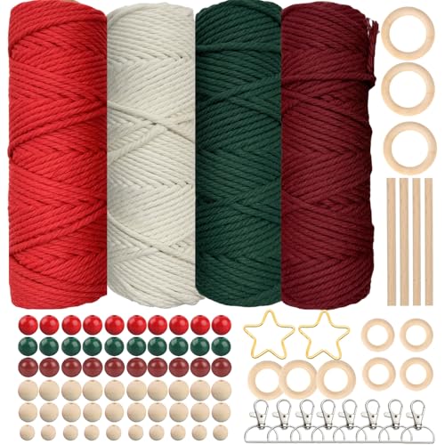SILARLAIT Makramee Garn Weihnachten 3mm, Makramee Set Zubehör mit 60 Holzperlen, 8 Schlüsselanhänger, 10 Holzringe, 2 Metallsterne, 4 Holzstäbchen, Makrameegarn für Makramee Weihnachtsschmuck Basteln von SILARLAIT