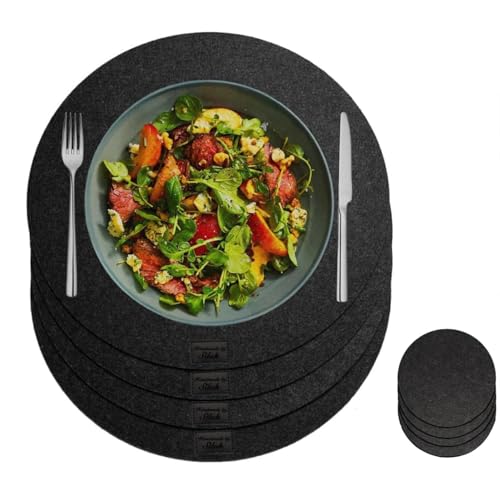 4-Teiliges Set aus Filz Tischuntersetzer Platzset Tischläufer, Platzdeckchen abwaschbar Filzmatte (Rund, Anthrazit) von SILUK