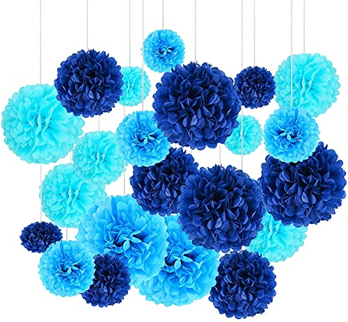 24Pcs Blau Seidenpapier Pompons, Hochzeitsfestdekorationen Pom Pom Hängende Girlande Papierblumenball für Geburtstagsdekoration Baby Shower Hochzeitsfeierzubehör (6"8"10"12") von SIMDAO