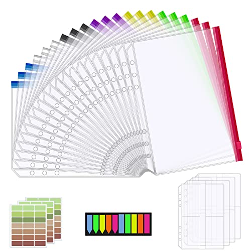 25Pcs A5 Binder Taschen Set, enthält 21X 6 Löcher Binder Reißverschlus, 4 Sammelkartenhüllen, Aufkleber, Wasserdicht Geld Budget Umschläge für Dokumente, Notizbücher, Karten, Bargeld, Fotos von SIMDAO