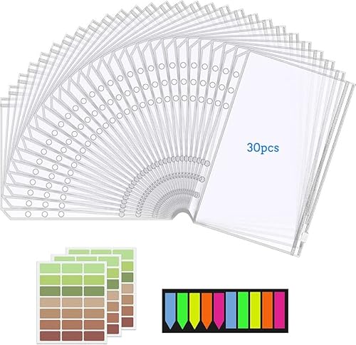 A5 Binder Taschen Set, enthält 30X 6 Löcher Binder Reißverschlus,Wasserdichter Reißverschluss Loseblatt Ordner mit Aufkleber, Budget Umschläge für Dokumente, Notizbücher, Karten, Bargeld, Fotos A5 Binder Taschen Set, enthält 30X 6 Löcher Binder Reißverschlus,Wasserdichter Reißverschluss Loseblatt Ordner mit Aufkleber, Budget Umschläge für Dokumente, Notizbücher, Karten, Bargeld, Fotos von SIMDAO